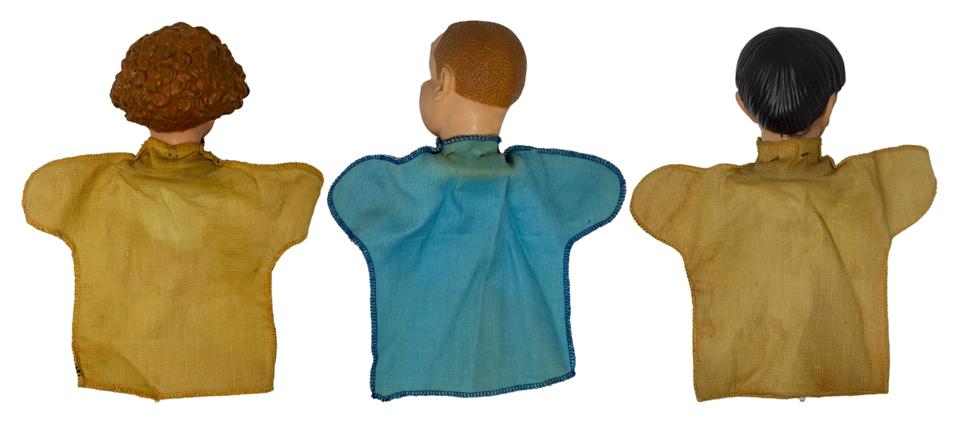 Three Stooges Set of 3 Hand Puppets, Circa 1959, by Ideal Without Packaging -- Each Measures About 9.5'' Tall x 8.5'' Wide -- Light Wear, Else Near Fine